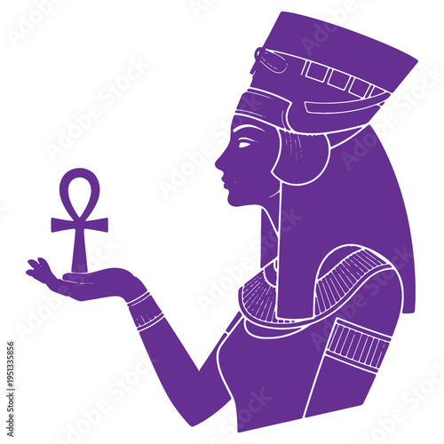 Ancient egyptian queen holding ankh symbol in her hand profile view isolated on transparent background