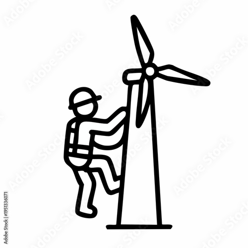 An engineer wearing a safety harness climbs a tall wind turbine for inspection and maintenance purposes