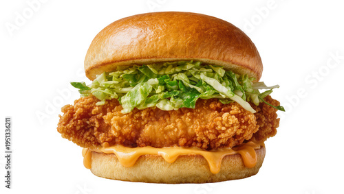 Billede på lærred Isolated appetizing fried chicken sandwich with crispy coating, fresh cabbage, and creamy sauce
