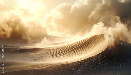 Golden sand dunes under a dramatic sunlit sky with swirling dust particles