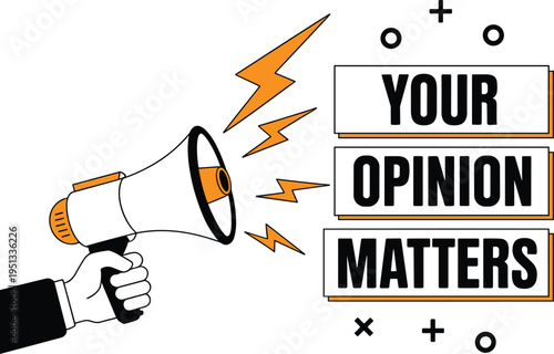 Hand holding megaphone with opinion matters sign and speech bubbles for feedback and communication concept