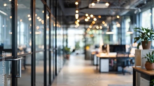 A modern office interior features glass partitions and blurred workspaces