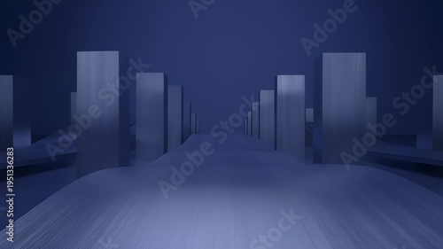 Abstract Blue Digital Cityscape With Futuristic Buildings and Wavy Road