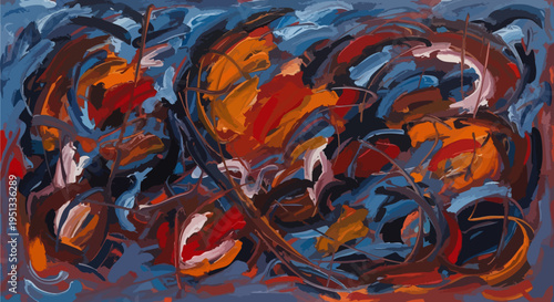 Dynamic Abstract Expressionist Painting with Bold Brushstrokes in Red, Orange, Blue, and Brown Hues, Evoking Movement and Energy