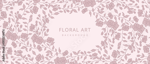 Abstract pink floral background with a pattern of branches with flowers and leaves. Frame. Vector illustration for card, banner, print, poster, cover, wedding invitation, packaging