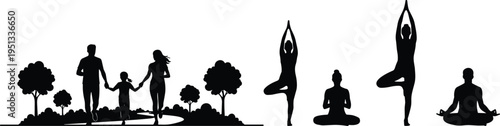 Family walking together with yoga silhouettes, wellness lifestyle vector illustration, outdoor health and fitness concept, meditation and exercise unity design