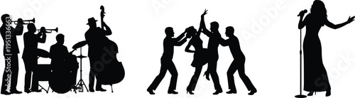Jazz band musicians with dancers and singer silhouette, live performance vector illustration, music and dance event concept, entertainment lifestyle design