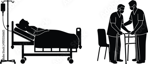 Medical care silhouette vector with patient in hospital bed, healthcare professionals assisting rehabilitation, physical therapy, recovery support, and clinical treatment concept