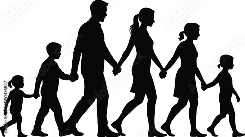 Silhouette family walking together parents and children holding hands unity love togetherness support lifestyle concept vector illustration design