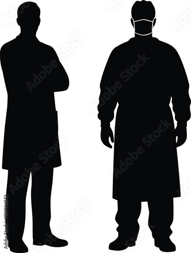 Silhouette illustration of medical professionals including doctor with stethoscope and surgeon in gown, mask, gloves representing healthcare, medicine, and hospital
