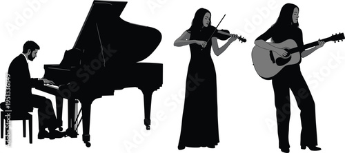 Silhouette illustration of musicians performing with piano, violin, and guitar on stage representing live music, concert, entertainment, and artistic expression