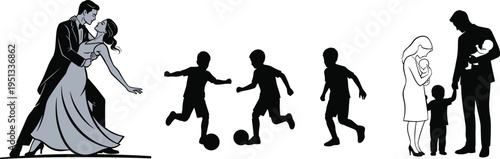 Silhouette illustration showing life stages from dancing couple to children playing soccer and family with parents holding babies together