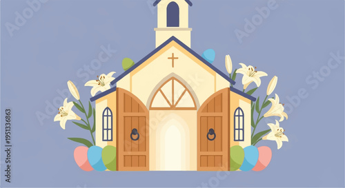 Illustration of a small church with open doors and flowers on a blue background symbolizing peace and serenity in a rural setting