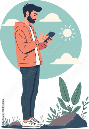 Illustrazione vettoriale di una persona in piedi che guarda lo smartphone. Concetto di comunicazione digitale, social media, tecnologia e connessione, ideale per lifestyle moderno, app e utilizzo quot