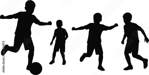 Silhouette of children playing soccer outdoors with energy, teamwork, sports activity, running, kicking ball, childhood fun, athletic lifestyle illustration