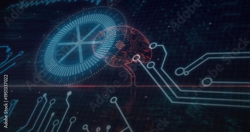 Brain-shaped microchip floating and connecting on grid, showing glowing lines and UI dial segments