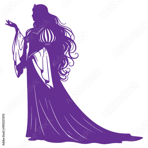 Elegant woman silhouette long hair flowing dress gesture isolated on transparent background