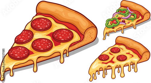 Delicious Pizza Slice Icon Set – Vector Illustration of Pepperoni, Vegetable, and Cheese Pizza Slices for Food, Restaurant, and Culinary Themes
