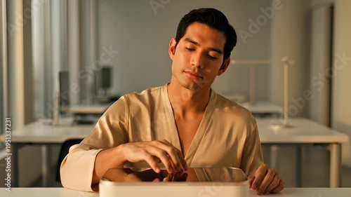 Man in Silk Robe Using Futuristic Device in Modern Office at Sunrise