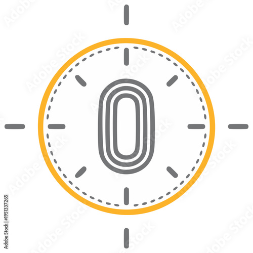 Stylized clock face with large number zero icon for time countdown or starting point
