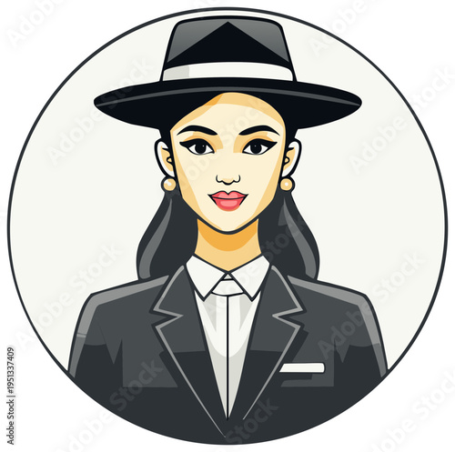 Fashionable woman wearing a stylish hat and suit in a circular frame