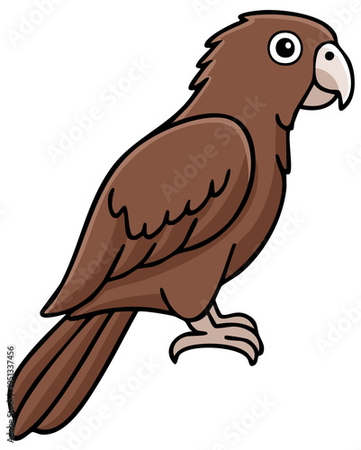 Cartoon brown parrot with a curved beak standing on its feet with wings folded