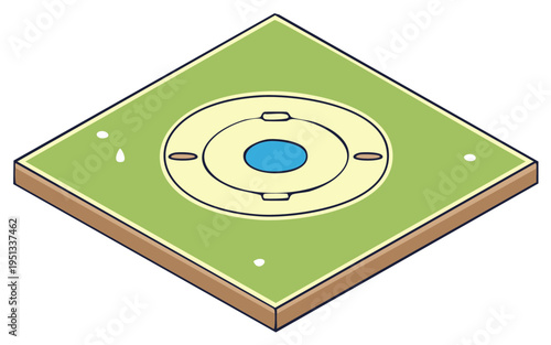 Isometric view of a stylized sports arena or playing field with green grass and an oval central area