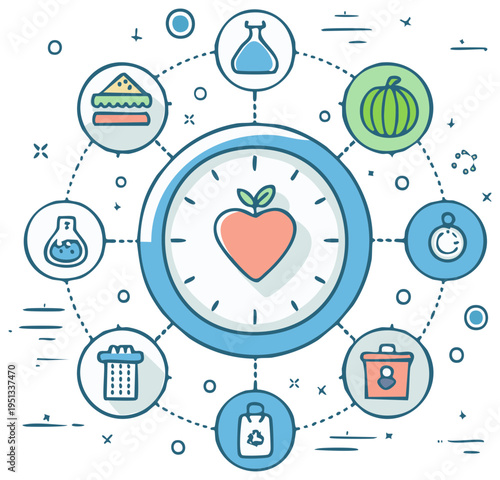 Doodle style icons arranged around a clock with heart and health symbols showing sustainable living choices