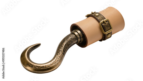 Photos Isolated swashbuckling pirate hook with ornate brass details and leather arm cuf
