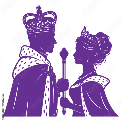 King and queen silhouettes wearing crowns and royal attire facing each other with sceptre in hand isolated on transparent background