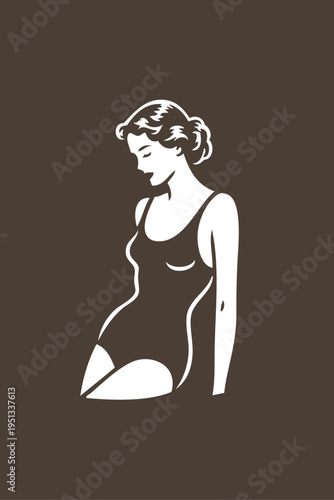 Logotipo con dibujo con líneas de una mujer con bikini de estilo retro, posando de pie, con fondo oscuro 