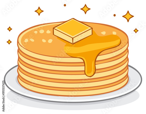 Stack of fluffy pancakes on a plate, with melting butter and dripping syrup in a cute cartoon style with sparkling stars