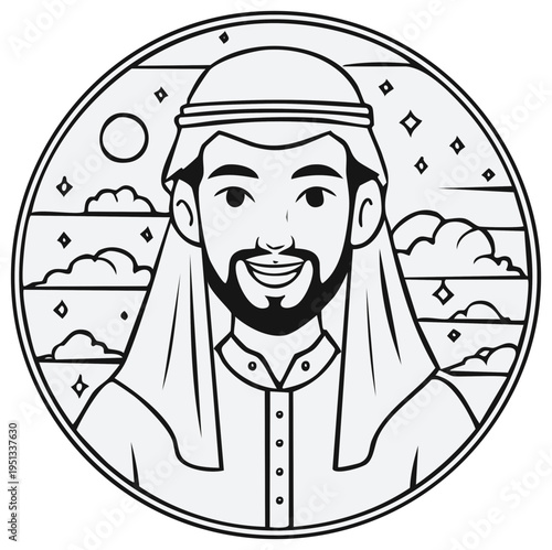Smiling man in traditional Arabian headdress within a circular night landscape, featuring stars and clouds