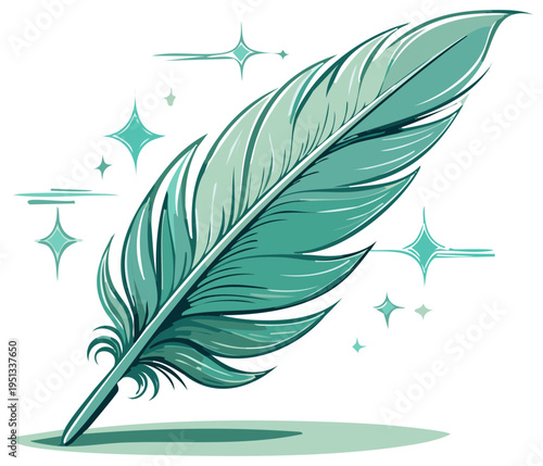 Stylized illustration of a teal feather with shining stars