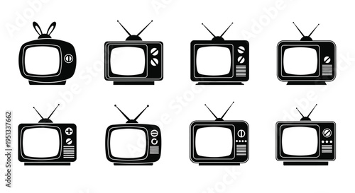 Eight vintage television sets arranged in a grid pattern on a white background