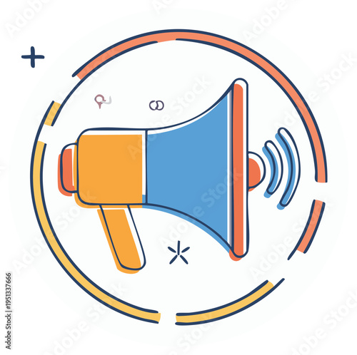 Vibrant megaphone symbol with sound waves announces information within a circular graphic element