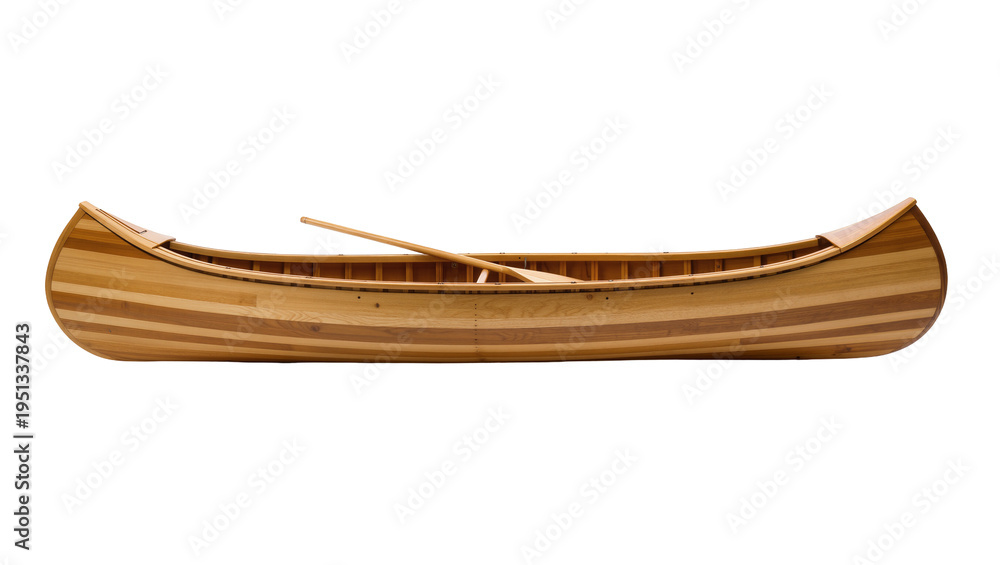 Fototapeta premium Isolated beautiful wooden striped canoe with a single paddle for lake and river adventures