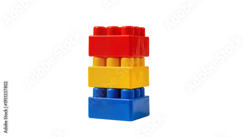 Fotografi Isolated three colorful building blocks stacked vertically, classic interlocking
