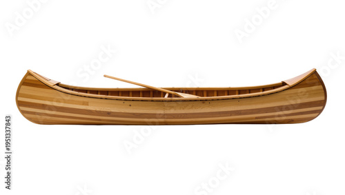 Photos Isolated beautiful wooden striped canoe with a single paddle for lake and river