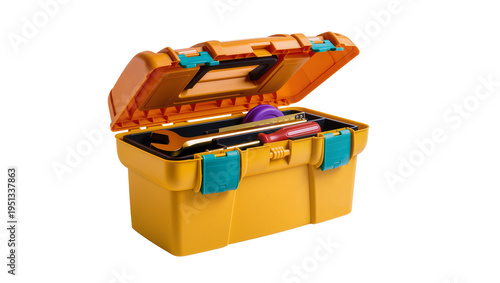 Cuadro en lienzo Isolated open orange and teal plastic toolbox with various essential tools insid