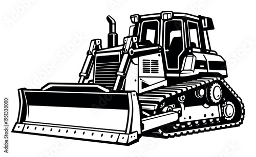 Heavy construction vehicle, industrial equipment, or earthmoving machine with tracks and shovel. Simple black and white illustration
