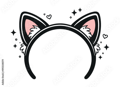 Cute cat ears headband, featuring soft pink inner ears and white fluff, decorated with sparkling stars and small hearts