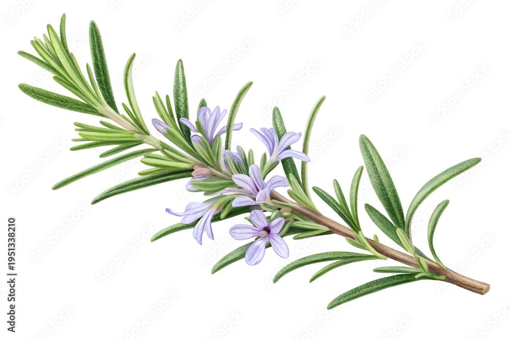 Fototapeta premium A fresh sprig of vibrant green rosemary with delicate purple-blue blossoms, meticulously rendered in a detailed botanical illustration, ideal for culinary and herbal designs on transparent background.
