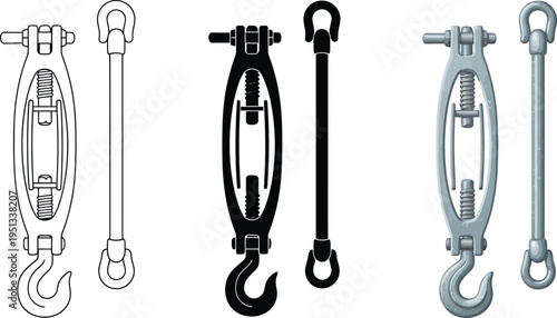 Industrial turnbuckle and eye bolt vector illustrations featuring outline solid black and realistic shaded versions perfect for engineering construction and rigging designs
