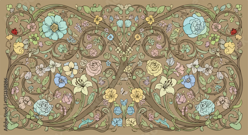 Elegant vintage floral vector illustration with intricate botanical scrollwork and pastel flowers on a rustic brown background, ideal for decorative design elements