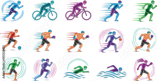 Dynamic Athlete and Sports Action Vector Icon Set Featuring Running Cycling Boxing Swimming and Fitness Activity with Motion Speed Effects