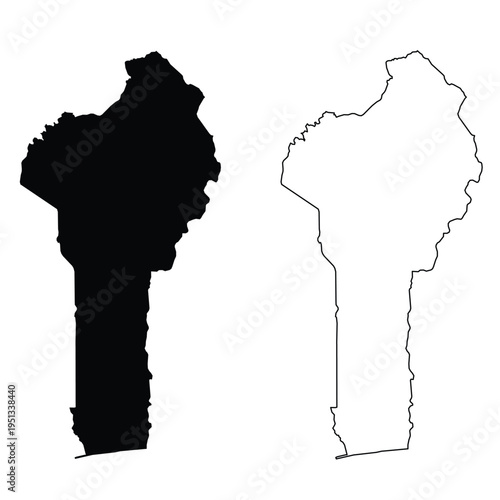 Two maps of Benin, one solid black silhouette and the other a white outline on a white background. These illustrations are ideal for geographical or political themes.