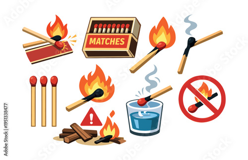 Matches collection showing ignition, burning flames, smoke, burnt sticks, and fire safety signs including no open flames
