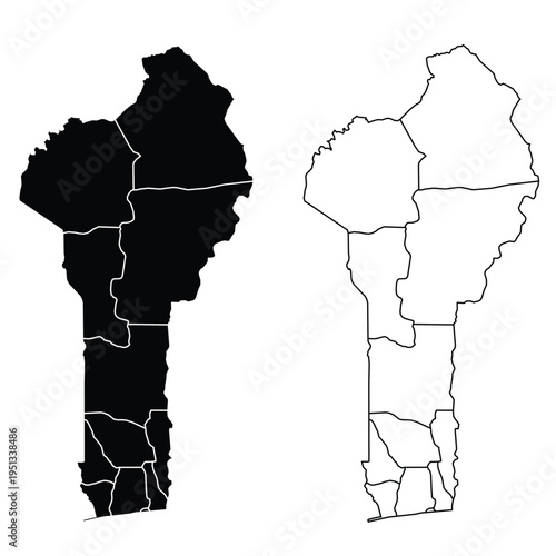 Two maps of Benin showing its administrative divisions. The left is a solid black silhouette, and the right is an outline map. Useful for geography or travel related content.