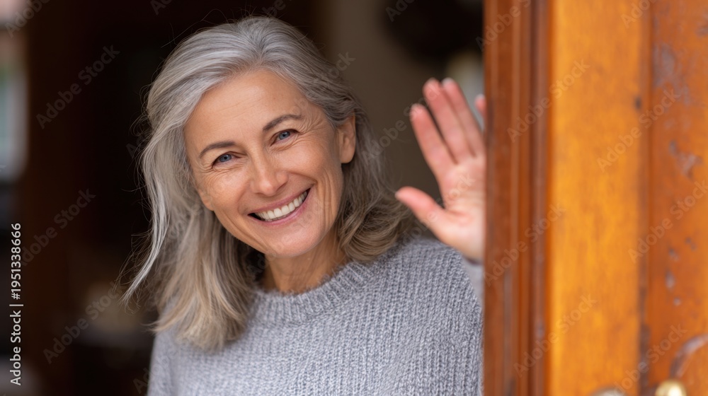 Fototapeta premium Senior woman smiling and waving at door entrance threshold